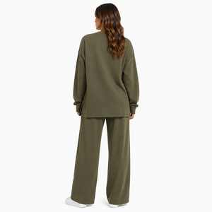 Ensemble survêtement femme oversize col rond avec pantalon large, personnalisable, couleur olive, style décontracté, athleisure, loungewear, streetwear - Product Image 2