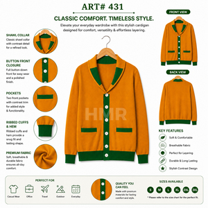 Cardigans en molleton boutonnés décontractés d'hiver HMR vert moutarde contrastant en acrylique pour sororité, sweats tricotés haut de gamme - Product Image 6