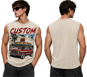 Débardeur en coton personnalisé, grammage lourd, effet délavé vintage, avec imprimé graphique Muscle Car à clous, épaules tombantes, sans manches, style streetwear, vierge - Product Image 4