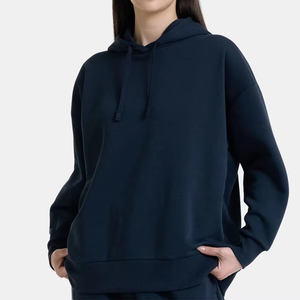 <b>Women</b> Navy Blue Solid Hooded Pullover <b>Sweatshirt</b> Drop Shoulder Long Sleeve Casual Unlined Winter Eco-Friendly Front Logo - Product Image 5