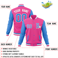 Blouson universitaire personnalisé rose et bleu pour homme, style baseball, avec lettres 00 et nom d'équipe imprimés, broderie frontale, pour l'automne