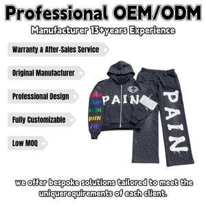 Rhinestone & Distress Applique Patches Streetwear Tracksuit Custom Logo Acid <b>Wash</b> Zip-up Hoodie & Trouser Sweat Suit for Men - Product Image 2