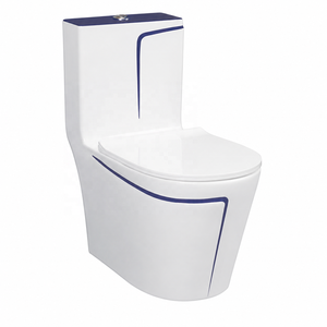 Inodoro Moderno de Una Pieza, Color Blanco con Franjas Azules, Taza Alargada, Descarga por Arrastre, Montaje en el Suelo - Product Image 1