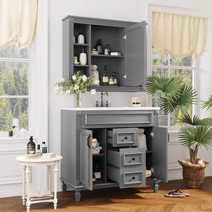 Mobile Bagno Moderno da 90 cm con Lavabo Integrato, Specchio, 2 Ante a Chiusura Ammortizzata e 2 Cassetti - Soluzione Salvaspazio per il Bagno - Product Image 2