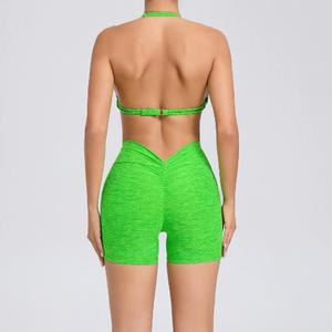 Conjunto de shorts de yoga sólidos de gran venta: top halter con espalda en V y shorts con cintura elástica para mujer, ropa deportiva de fitness, elástica y de soporte para gimnasio. - Product Image 2