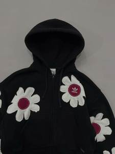 Sweat-shirt à capuche court noir avec applique florale, fermeture éclair sur le devant, unisexe, coupe ample, décontracté, en coton tricoté, pour le printemps - Product Image 6