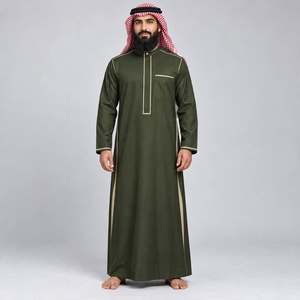 Thobe pour homme de qualité supérieure, vert olive, avec bordure dorée, manches longues, Jubba musulmane, robe arabe traditionnelle longue jusqu'au sol, de haute qualité - Product Image 1
