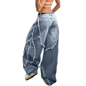 Jean en denim ample et respirant pour femme, coupe haute et large, style vintage délavé aux enzymes, bords effilochés, coupe décontractée, streetwear, longueur complète - Product Image 2