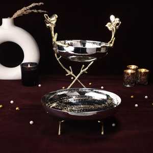 Ensemble de bols décoratifs de luxe en acier inoxydable poli, faits à la main, à deux niveaux, avec motif d'oiseaux dorés sur branche - Product Image 6