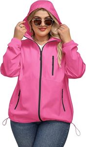 <b>Pink</b> Solid Hooded <b>Waterproof</b> Windbreaker Bomber <b>Jacket</b> with Zipper Pockets Casual Thick Outerwear for Winter Outdoor Use - Product Image 2
