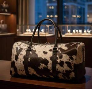 OEM Wholesale Genuine <b>Leather</b> Hair-On Cowhide Fashion Zipper Closure Travel Duffel <b>Bag</b> LHODB-0101 - Product Image 4