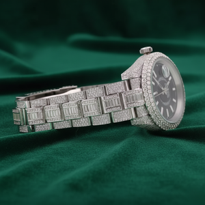 Reloj de Lujo con Diamantes, Plateado, Estilo Hip Hop, Esfera Negra, Bisel con Incrustaciones de Piedras, Brazalete Completamente Adornado, Reloj para Hombre - Product Image 4