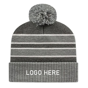 Custom Logo Striped Beanie <b>Hat</b> Unisex Winter Knitted <b>Pom</b> <b>Pom</b> Adult 56-58CM - Product Image 2