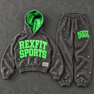 Survêtement unisexe personnalisé Rexfit Sports en polyester/coton délavé, avec capuche à lettres, doublure et pantalon de jogging à revers, idéal pour l'hiver, avec étiquette personnalisée OEM - Product Image 2