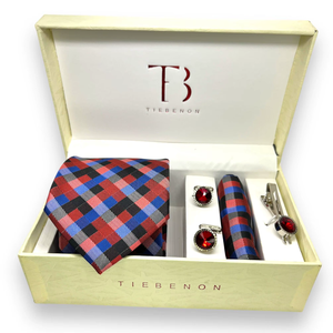 Red Checkered Tie Gift Set for Men | Premium Silk Necktie Pocket Square <b>Cufflinks</b> Combo | Luxury Wedding Business Formal <b>Box</b> - Product Image 2
