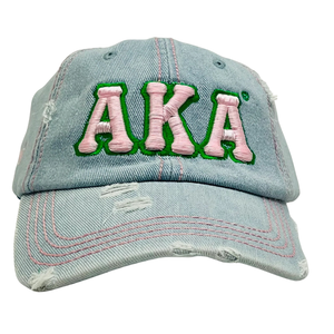 AKA <b>Light</b> Denim Distressed <b>Hat</b> Pink Embroidered Letter Washed Blue Denim Baseball Cap Adjustable Cotton Headwear Casual Fashion - Product Image 1
