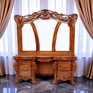 Elegant <b>gold</b> carved wooden <b>dressing</b> <b>table</b> set featuring an oval mirror and drawers, available at wholesale prices. - Product Image 6