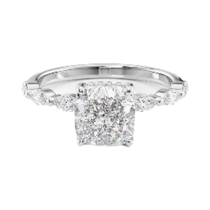 Bague de fiançailles diamant de laboratoire coussin avec pierres latérales de poire plaqué rhodium IGI certifié or blanc 18K pour femme - Product Image 1