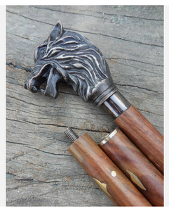 Canne de marche vintage avec tête de loup, poignée en laiton, canne en bois polie, canne de marche de collection pour cadeau et voyage - Product Image 2