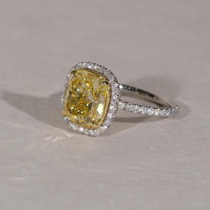 Fancy Yellow <b>Cushion</b> 6.5ct IGI Certified Lab Grown Diamond Engagement <b>Ring</b> 14K Yellow Gold Halo 0.5ct Side Diamonds VS+ Clarity - Product Image 3