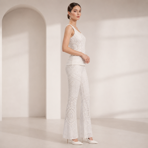 Luxury White Pearl Embroidered Co Ord Set Women | Sleeveless Top <b>Flared</b> Pants Designer Party Wear Wedding Outfit Elegant Fashion - Product Image 5