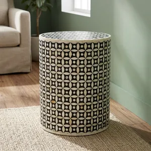 Handcrafted Bone Inlay Drum <b>Side</b> <b>Table</b> <b>Round</b> Accent End <b>Table</b> Decorative Modern Living Room Bedroom Furniture ContemporaryDesign - Product Image 4