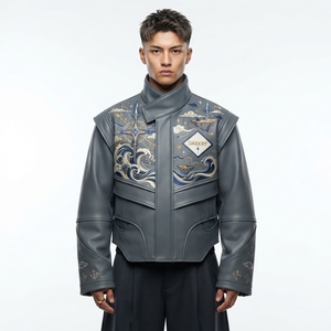 Chaqueta de Cuero Genuino con Cuello Mandarín, Patrón Geométrico Bordado, Estilo Urbano, Corte Regular, Cierre de un Solo Botón, para Otoño - Product Image 1