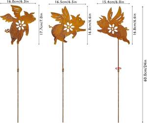 Rust Flying Pig Iron Powder Coated <b>Garden</b> <b>Stakes</b> <b>Decor</b> Lawn Art Yard <b>Decorations</b> Outdoor Gifts Set of 3 - Product Image 5