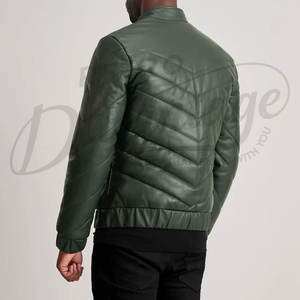 Veste matelassée en cuir vert foncé pour homme, design chevron, coupe ajustée, col montant, en similicuir, chaude et rembourrée pour l'hiver - Product Image 2