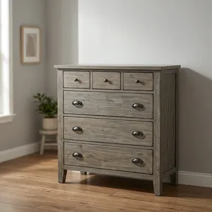 Commode rustique en bois gris à 6 tiroirs avec finition naturelle, meuble de rangement pour salon, chambre à coucher, meubles de maison - Product Image 5