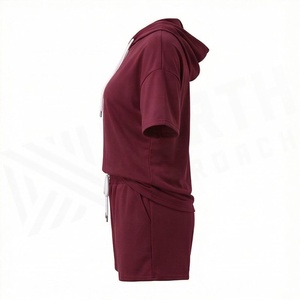 Conjunto de 2 Piezas para Mujer, Top de Manga Corta con Capucha y Pantalones Cortos, Color Sólido, Corte Holgado, Estilo Casual, Largo por Encima de la Rodilla, Traje de Algodón - Product Image 3