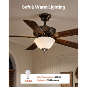 Kit Ventilatore da Soffitto con Luce 750lm 3000K, Plafoniera a Forma di Ciotola con 2 Lampadine LED e Catena di Trazione - per Soggiorno, Kit di Sostituzione 3000K - Product Image 2