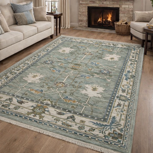Alfombra de Lana Oushak Anudada a Mano, Color Verde Salvia y Azul Floral, Alfombra Turca - Product Image 1