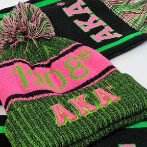 AKA Black Scarf and One Hat Set Green Pink Embroidered Knit Winter Accessories Warm Beanie and Matching Scarf Casual Fashion - Product Image 6