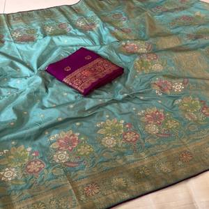 VASTRA COTTAGE Sari de Seda Dola Premium con Tejido Meenakari Zari, Borde de Zari con Ribete y Blusa en Contraste, Sari Elegante para Fiestas - Product Image 4