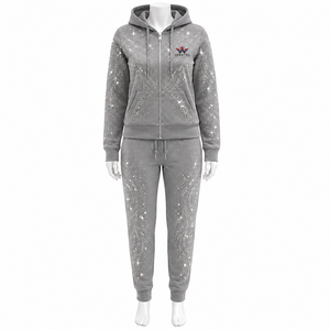 Survêtement en tissu orné de strass pour femme, veste zippée intégrale, pantalon à taille élastique, vêtements décontractés confortables et tendance - Product Image 1