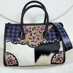 Western Purple & Black Checkered Hand Tooled Leather Crossbody Tote Bag for Women's Hair-On Cowhide Designer Luxury <b>Handbags</b> - Product Image 4