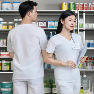 เสื้อสครับสีขาว ผลิตในเวียดนาม ผ้าฝ้าย 52% โพลีเอสเตอร์ 45% สแปนเด็กซ์ 3% ยี่ห้อ WFX CVC ผ้าถักแบบนิตเต็ด  ตรวจจับรอยขาดด้วยระบบ FMF ใช้ได้ทั้งชายและหญิง เหมาะสำหรับใช้ในโรงพยาบาล - Product Image 1