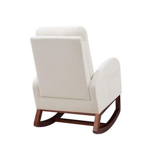 Sedia a dondolo da interno in flanella beige con schienale alto e gambe marroni, sedia da soggiorno con tasca laterale - Product Image 6