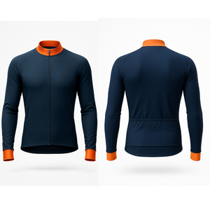Maillot de Ciclismo con Cierre Completo, Azul Marino con Detalles Naranja, Secado Rápido, Transpirable, Absorbe el Sudor, Personalizado, Manga Larga, Unisex, Poliéster 220g - Product Image 1