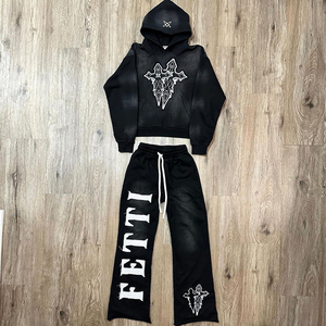 Custom High Quality Heavyweight 100% Cotton Hoodie and Sweatpants <b>Set</b> Distressed <b>Embroidery</b> Washed Sweat suit Tracksuit for Men - Product Image 6