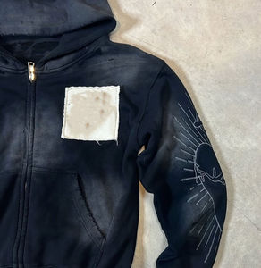 <b>Mens</b> <b>Black</b> Zip Up Hoodie Distressed Graphic Hoodie Oversized Streetwear Hooded Sweatshirt Vintage Washed Casual Jacket - Product Image 3