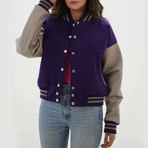 Women's Wool <b>Leather</b> Varsity <b>Jacket</b> Custom Letterman College Coat Casual Fashion Outerwear OEM ODM Sample Service - Product Image 5