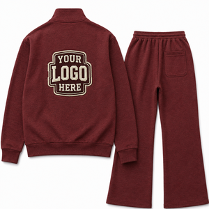 Wholesale Winter Burgundy Textured Quarter Zip <b>Tracksuit</b> Set Custom Pullover Jogger Pants 100% Cotton B2B Private Label Casual - Product Image 2