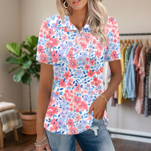 Camiseta Polo de Manga Corta con Estampado Floral para Mujer, Top Informal de Verano, Transpirable, de Poliéster Tejido, Largo Regular - Product Image 2