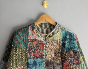 Veste en coton patchwork bohème avec col mandarin, manches longues, fermeture boutonnée, vêtement d'extérieur décontracté pour femme, cadeau pour elle - Product Image 2