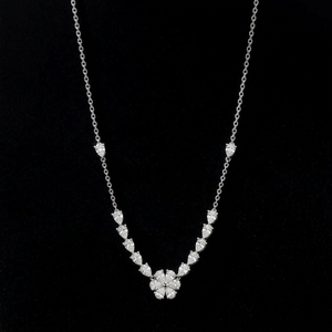 9kt White Gold Diamond Pendant Floral Flower Cluster Pear Cut <b>Graduated</b> Station Necklace Featuring Lab Grown Diamonds - Product Image 3