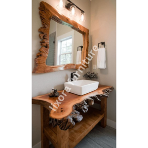 Luxury Handcrafted Modern Live Edge Solid Wood Eco-Friendly Durable Bathroom Vanity Polished Finish Matching <b>Mirror</b> Frame <b>Set</b> - Product Image 6