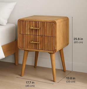 Mesa de Noche de Madera Tradicional Vintage con Dos Cajones y Tiradores Metálicos, Mesa Auxiliar Rústica Marrón para Dormitorio, Construcción de Madera Maciza - Product Image 3