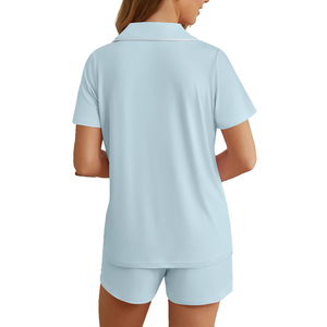 Conjunto de Pijama de Satén para Mujer, Color Azul Claro, con Cuello de Solapa y Pantalones Cortos, Ropa de Dormir de Verano, Manga Corta - Product Image 6